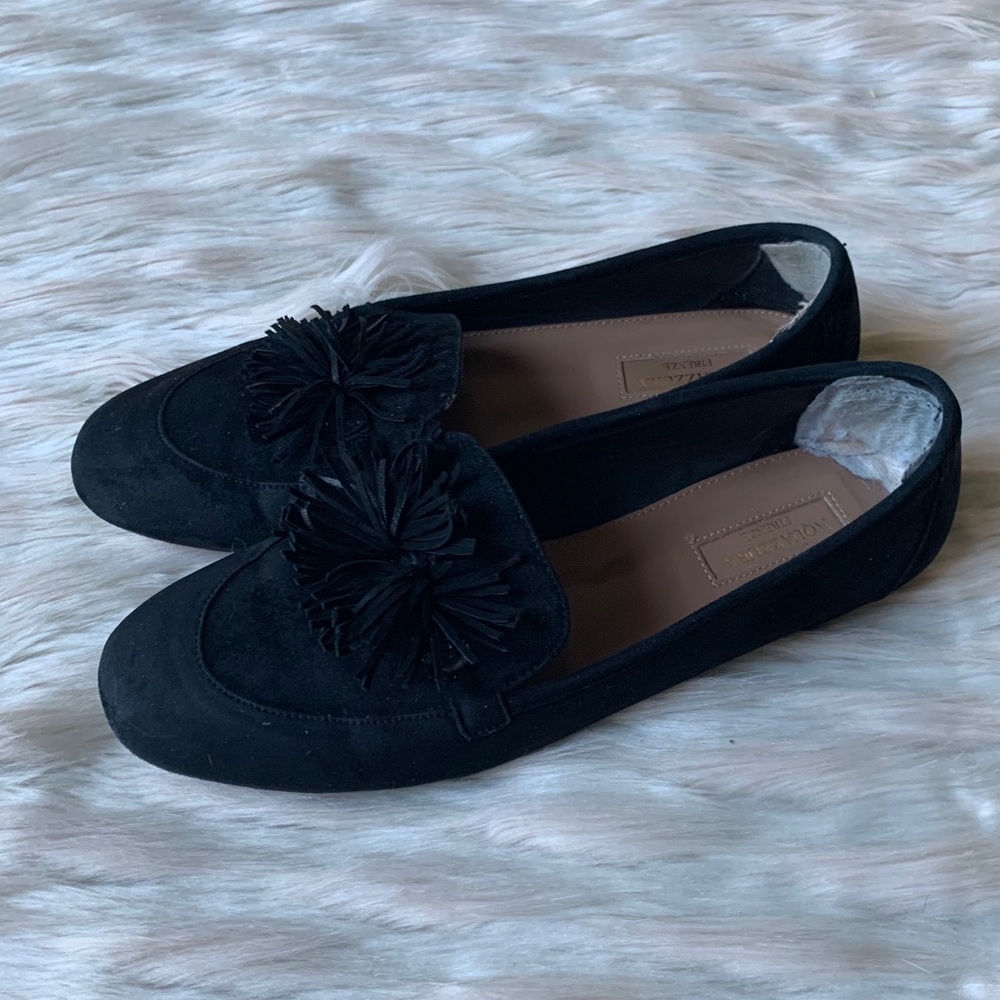 Aquazzura Suede Fringed Pom Loafers - Black - Picture 4 of 9